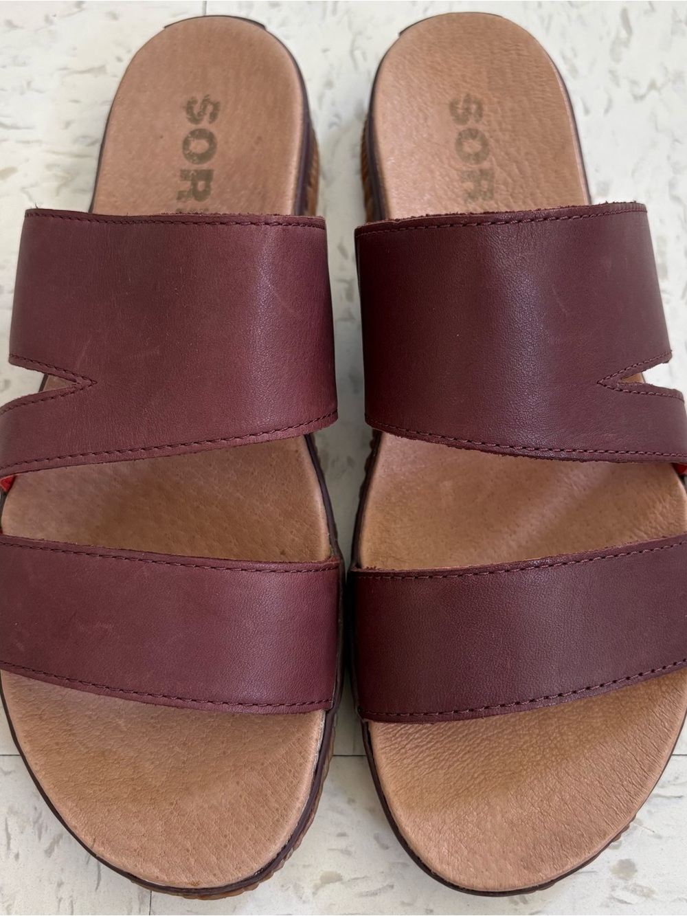Sorel Double-Strap Slide Sandals in Maroon and Tan